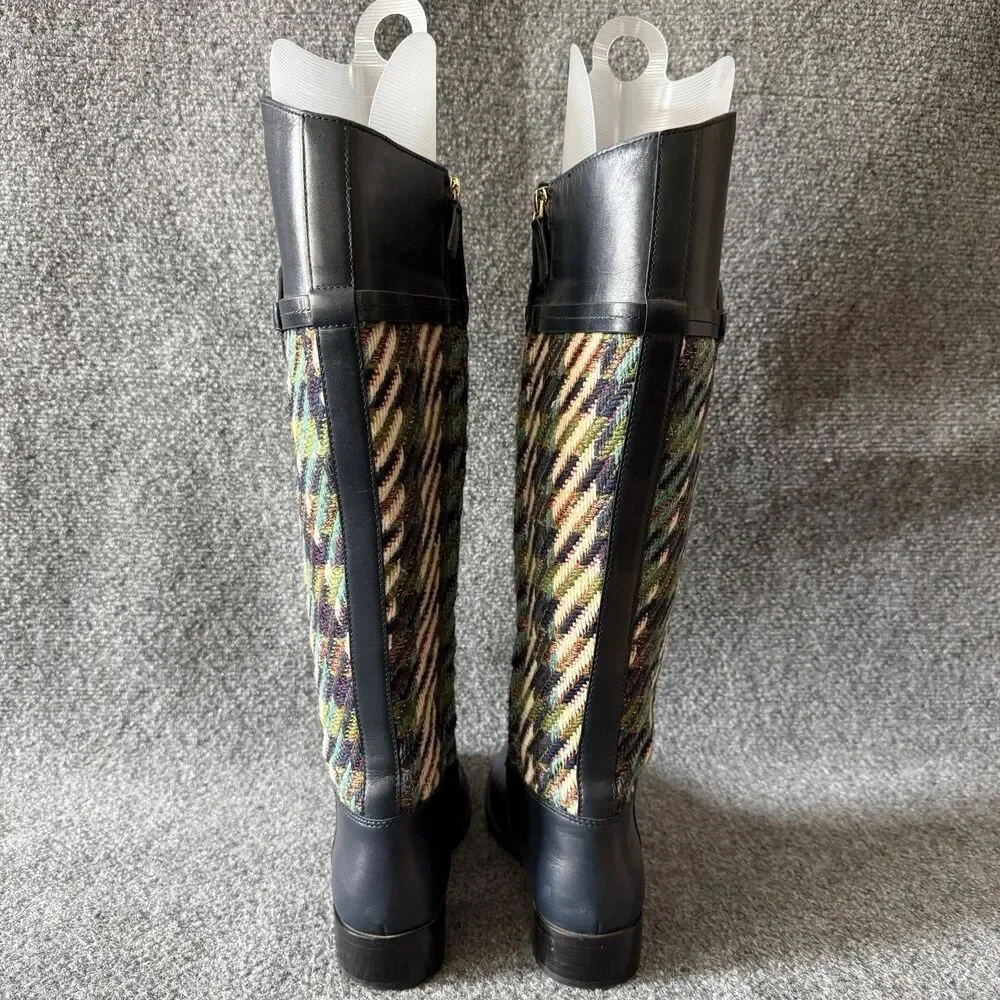 Tory Burch Miller Bouclé Tweed Leather Riding Tall Boots 7 M/38 Navy Blue Logo